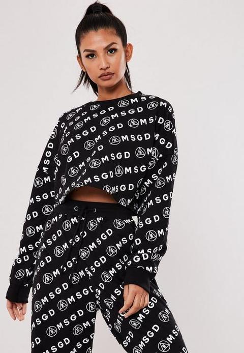 Active Black Msgd All Over Print Cropped Sweatshirt, Black