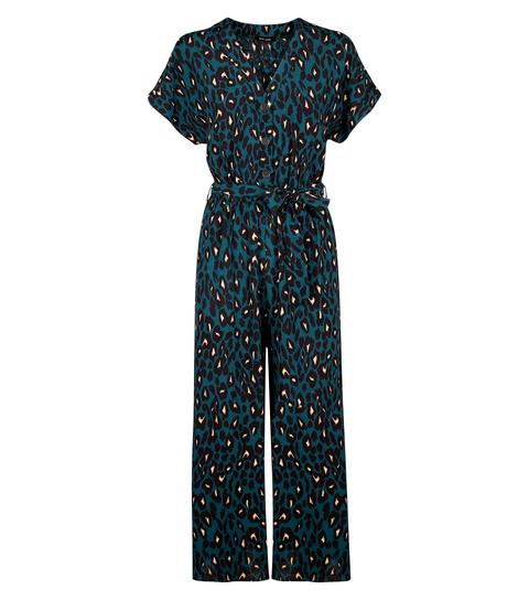 Green Leopard Print Button Front Jumpsuit New Look