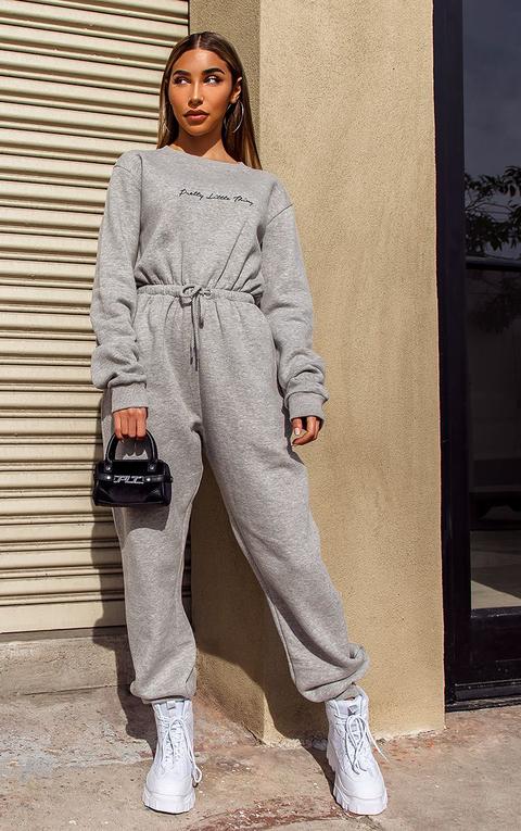 Prettylittlething Grey Embroidered Sweat Jumpsuit