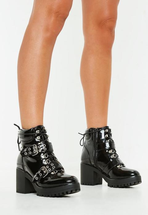 Black Vinyl Chunky Sole Biker Boots, Black