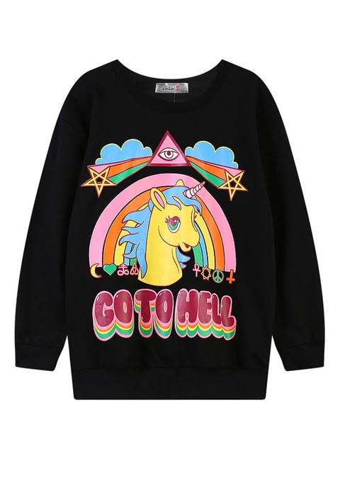 Felpa Monogramma Andare All'inferno Stampa Unicorno Taglia Grossa Manica Lunga Carino Nero