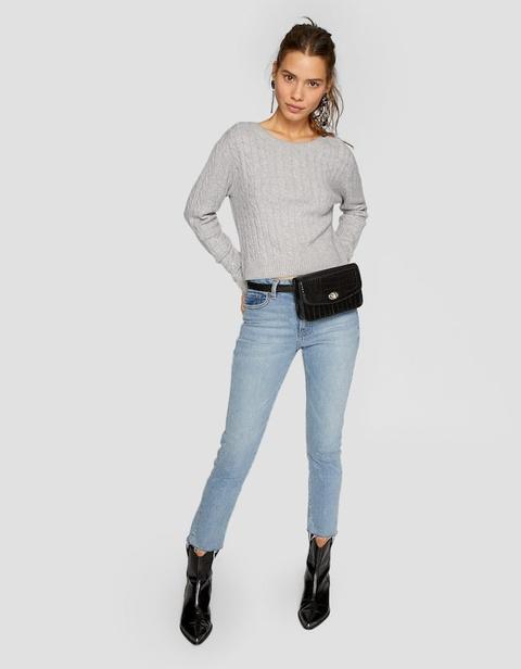 Pullover Cropped Con Trecce Grigio Melangiato