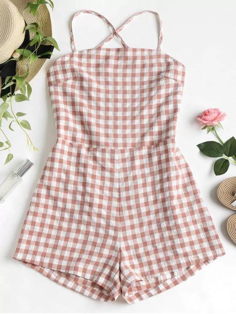 Cami Gingham Lace Up Romper