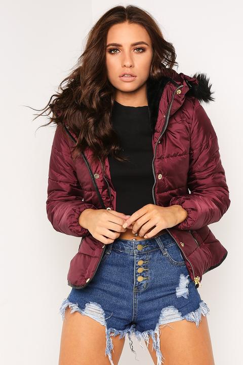 Wine Quilted Jacket With Faux Fur Hood