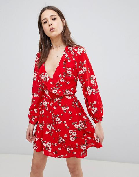 Glamorous - Vestito A Fiori A Portafoglio Con Maniche Lunghe - Rosso