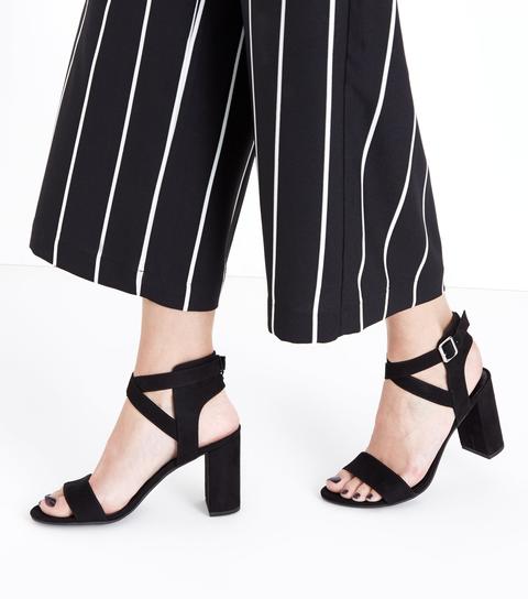 Black Suedette Ankle Cross Strap Block Heels New Look