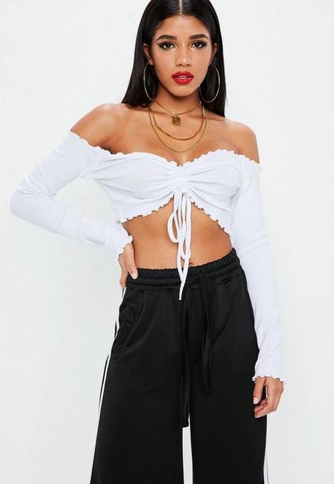 White Ruched Frill Bardot Crop Top, White