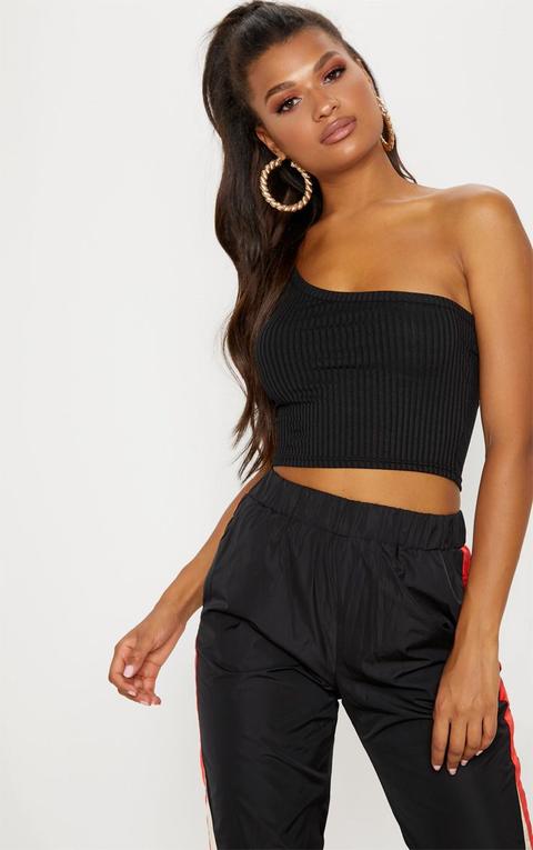 Black One Shoulder Ribbed Crop Top