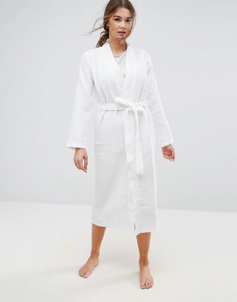 Asos Longer Midi Waffle Hotel Robe In 100% Cotton - White