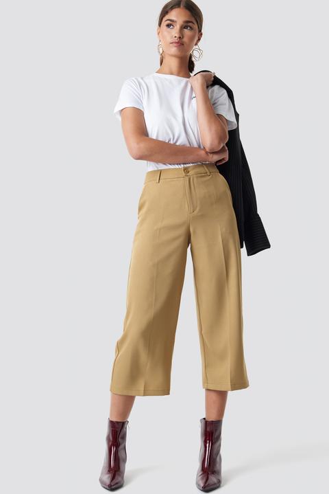 Wide Cropped Trousers Beige