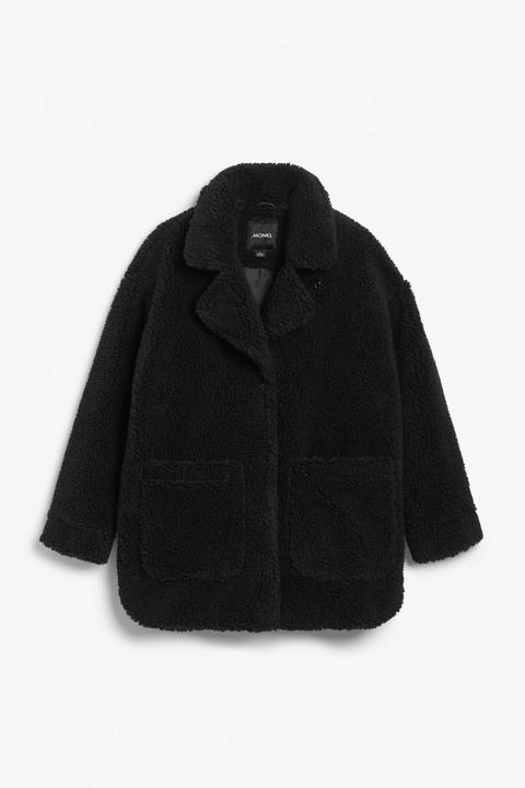 Oversized Faux Shearling Coat - Black
