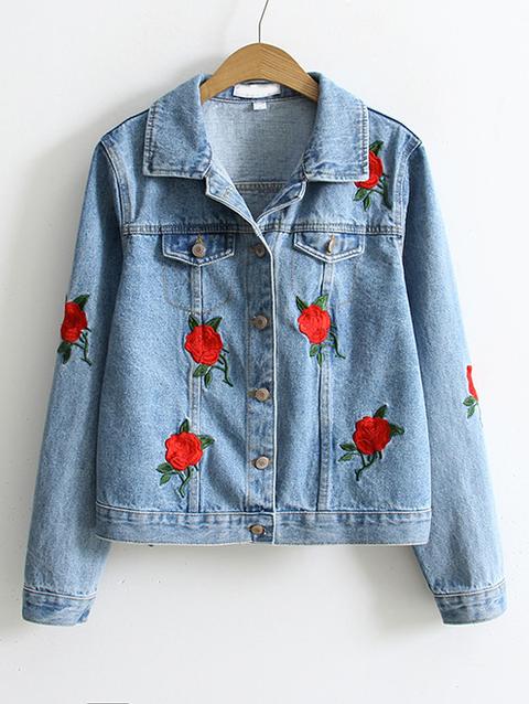 Blue Flower Embroidery Single Breasted Denim Jacket