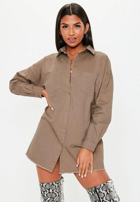 Brown Oversized Utility Shirt Dress, Stone