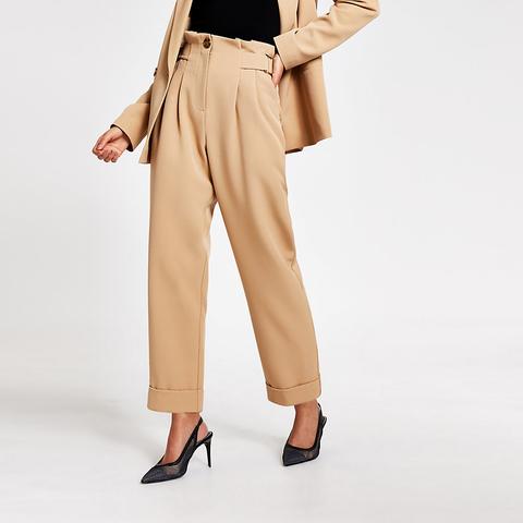 Beige Buckle Side Tapered Peg Trousers