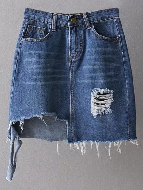 Asymmetric Frayed Hem Distressed Denim Skirt