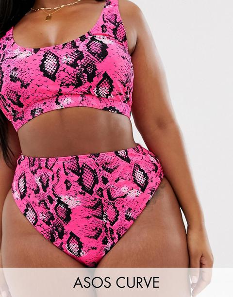 Asos Design Curve - Slip Bikini Mix And Match A Vita Alta Pitonati Rosa Fluo - Rosa