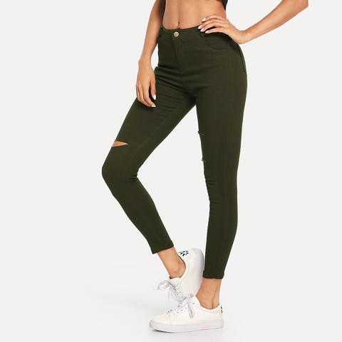 Casuale A Tinta Unita Strappato Verde Pantaloni Di Jeans