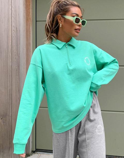 Asos Weekend Collective Polo Sweatshirt With Half Zip And Logo In Bright Green