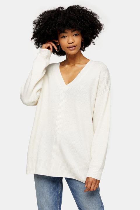 Womens Ivory Ribbed Longline Knitted Jumper With Cashmere - Ivory, Ivory