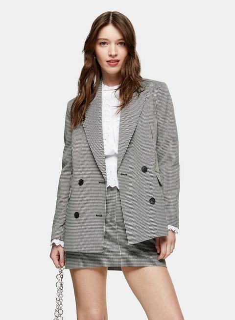 Black And White Satin Mini Houndstooth Single Breasted Blazer