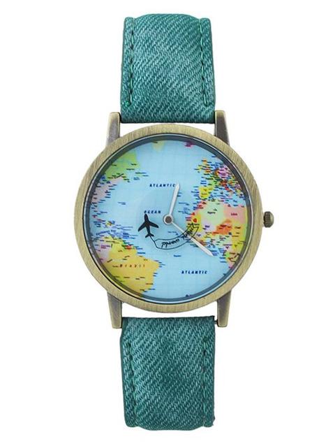 Faux Leather World Map Airplane Watch