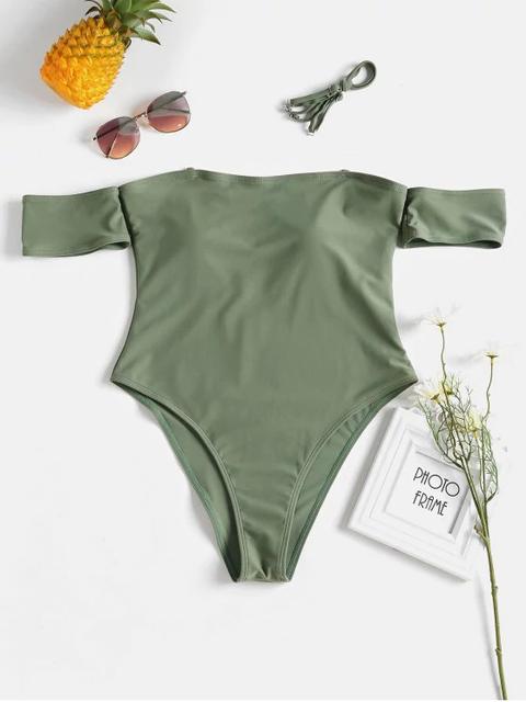 Traje De Baño Versátil Con Pierna Alta Y Hombros Descubiertos Army Green