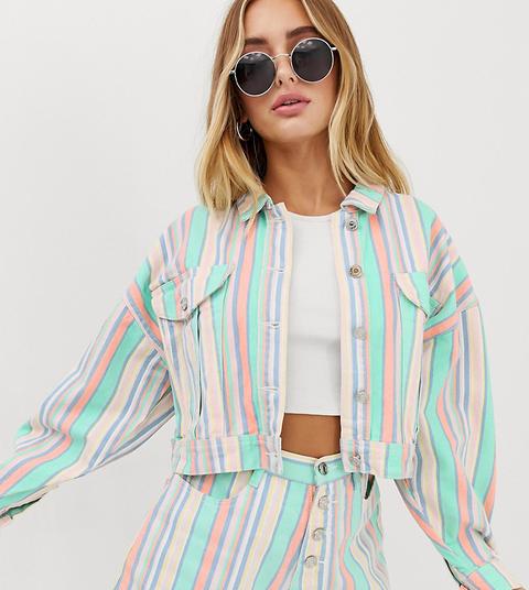 Missguided Co-ord Cropped Oversized Denim Jacket In Pastel Stripe