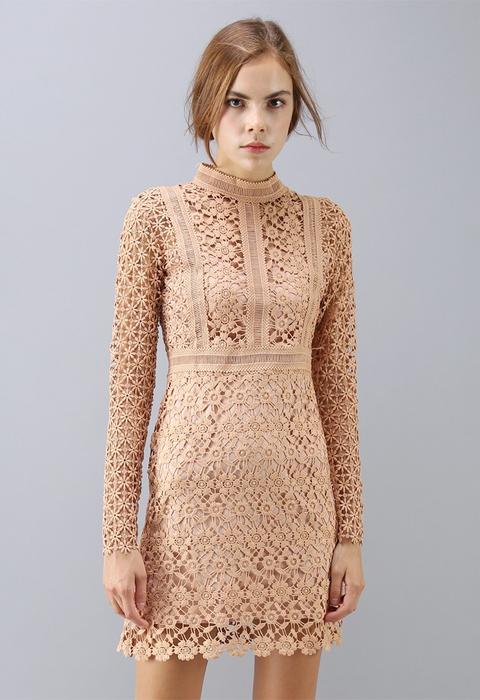 Ladylike Floral Crochet Panelled Shift Dress In Tan