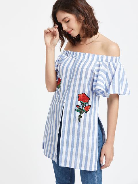 Blue Striped Off The Shoulder Embroidered Slit Hem Top