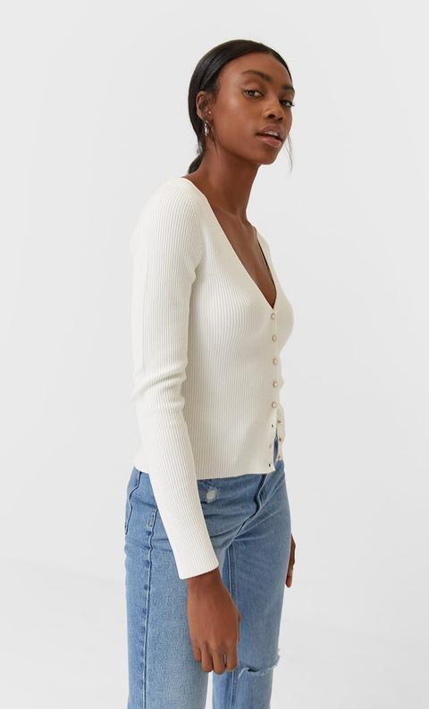 Stradivarius Gilet Maille Boutons Femme Écru M