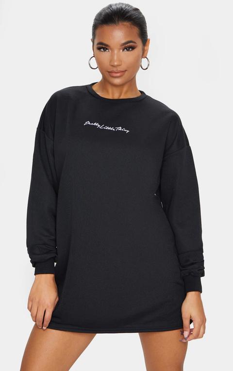 Prettylittlething Black Embroidered Sweat Jumper Dress