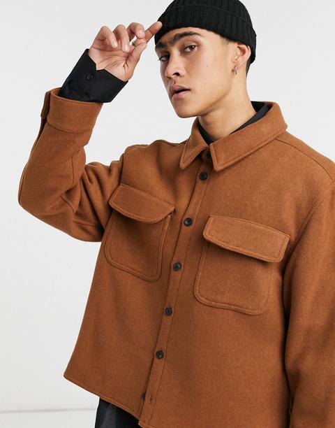 Asos Design Wool Mix Shacket In Tobacco-brown