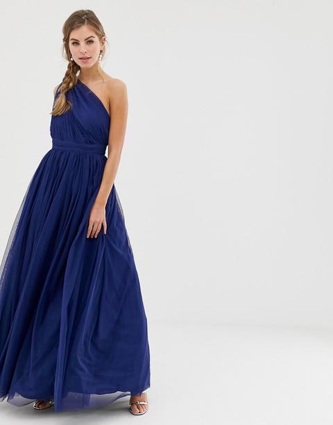 Asos Design - Vestito Lungo Monospalla In Tulle - Navy