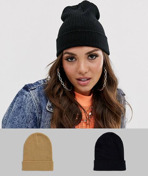 Asos Design 2 Pack Rib Beanie Hat In Black And Camel-multi