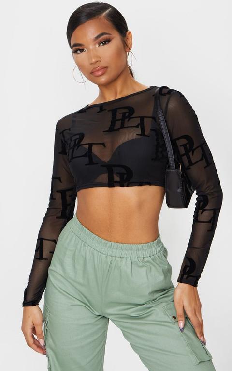 Black Prettylittlething Flock Long Sleeve Crop Top