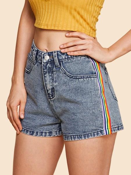 Pantaloncini Di Jeans Laterali In Nastro A Righe Arcobaleno