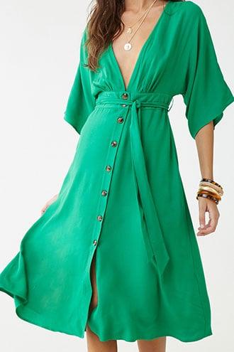 Forever 21 Plunging Button-front Dress , Green