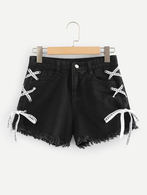 Shorts In Denim Con Bordo In Pizzo Sfrangiato