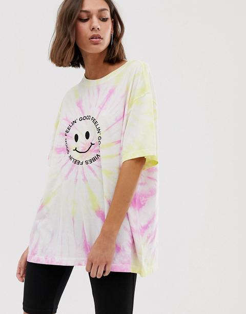 Weekday - Feeling Good - Oversize-t-shirt Mit Slogan Und Batikmuster In Rosa Und Gelb Mit - Mehrfarbig