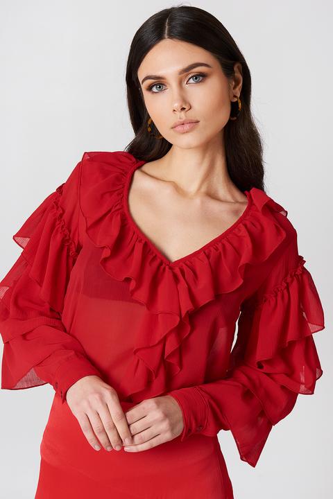 Chiffon Frill V-neck Blouse Rot