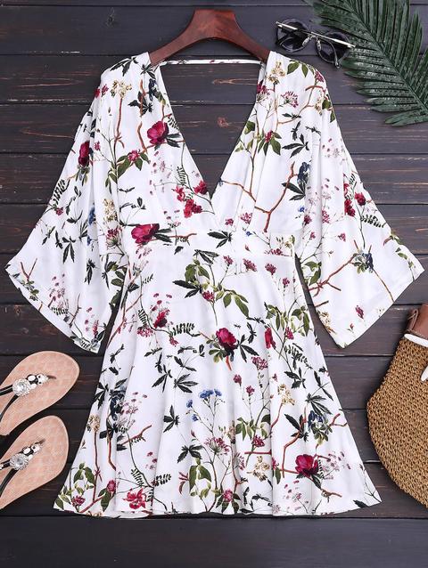 Kimono Sleeve Floral A-line Dress