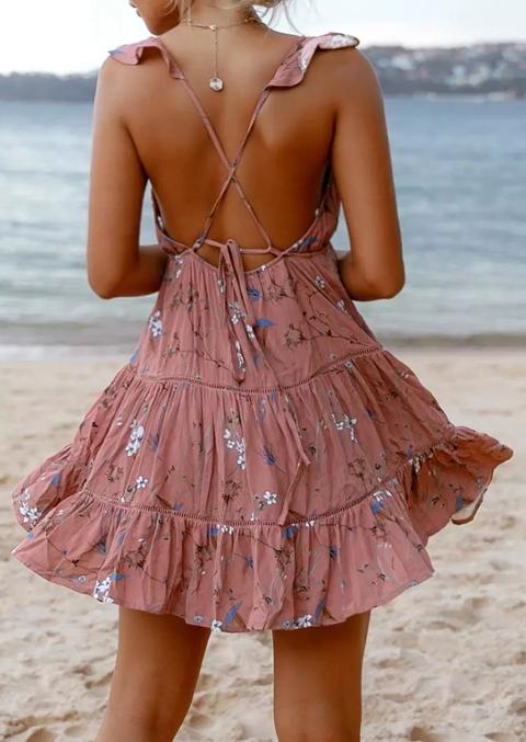 Floral Ruffled Open Back Tie Mini Dress - Cameo Brown