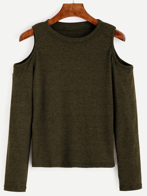 Army Green Open Shoulder Knit T-shirt