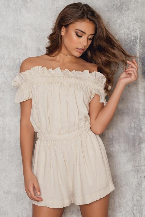 Raw Off Shoulder Romper Beige