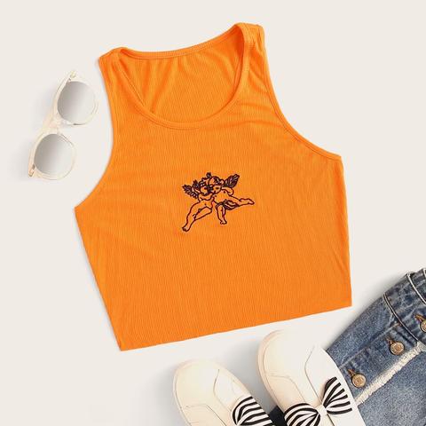 Embroidered Cherub Graphic Cropped Tank Top