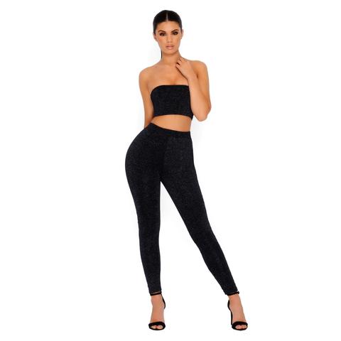 Puttin' On The Glitz Double Layered Metallic Knit Two Piece In Black