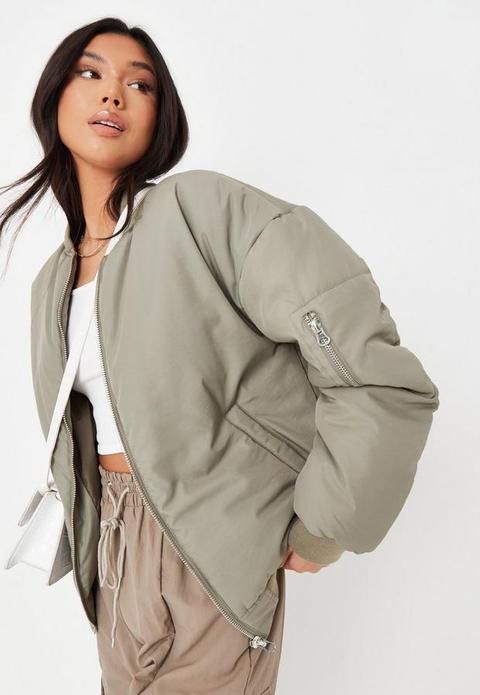 Khaki Zip Oversized Bomber Jacket, Kahki