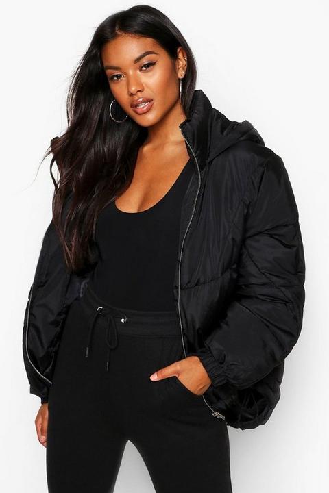 Womens Hooded Quilt Detail Puffer Jacket - Black - 8, Black