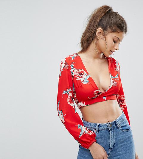 Missguided - Top A Fiori Con Schiena Scoperta E Laccetti - Rosso