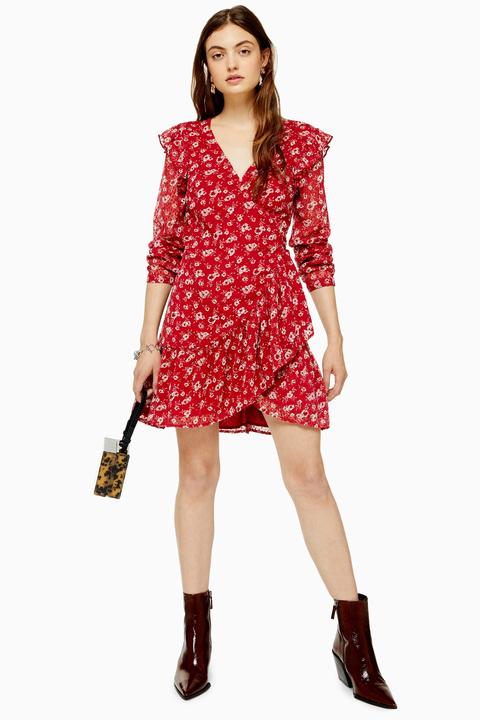 Womens Floral Dobby Ruffle Mini Dress - Red, Red